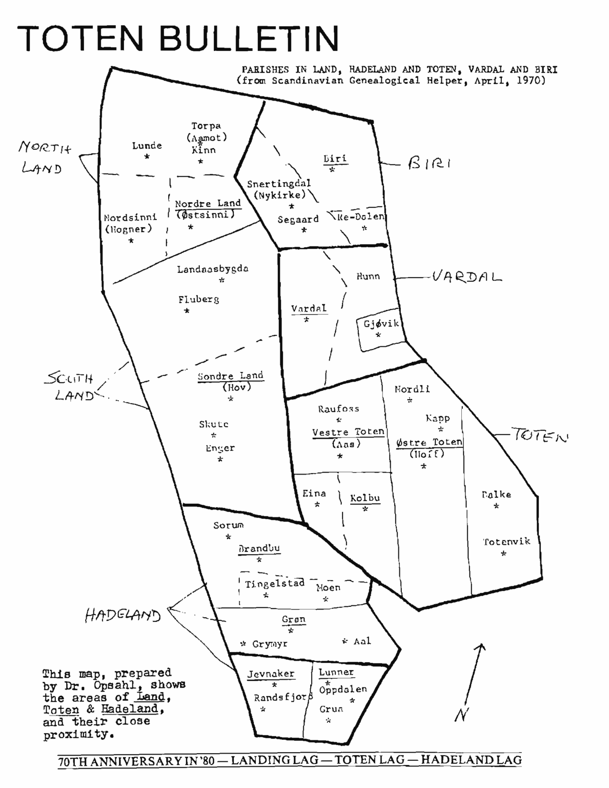 Hand drawn map of parishes in Nordre and Søndre Land municipalities in Innlandet County, Norway