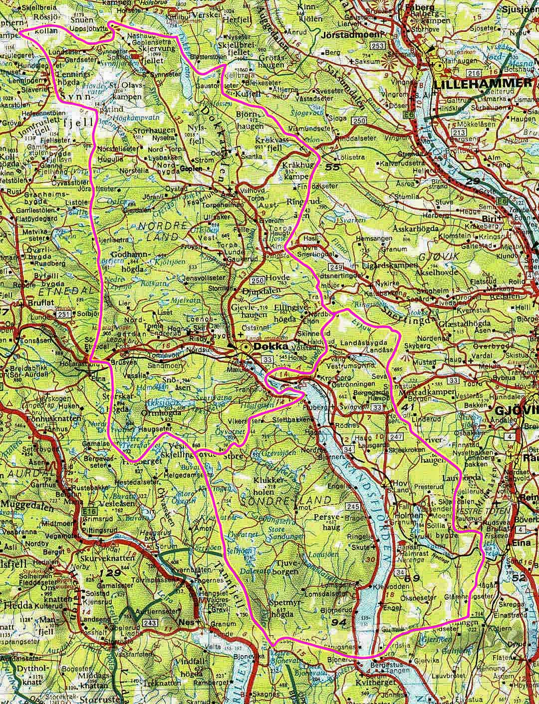 A detailed map of Nordre and Søndre Land in Norway