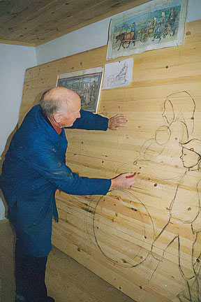 Per Einbu sketching the figures onto the relief