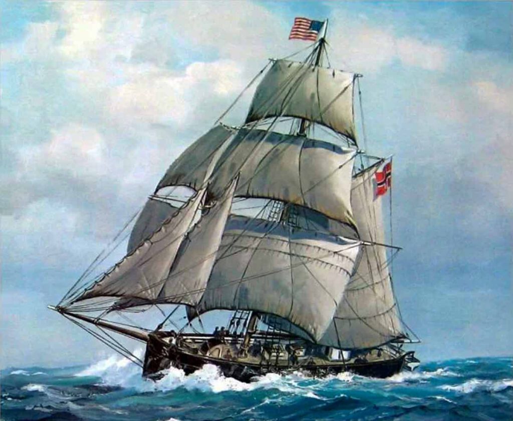 The Norwegian sloop called the Restauration sailing on the ocean