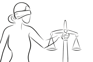 Illustrated, blindfolded lady holding holding a scale of justice