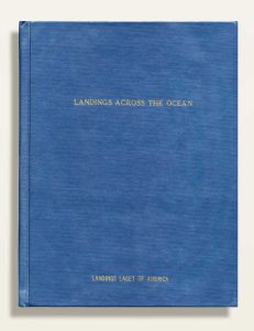 Gold print on a blue book with no other adornments. The title is Landings Across the Ocean. The only other print is at the bottom: Landings Laget of America.