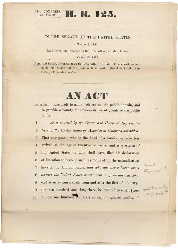 1st page of the H.R. 125, An Act to Secure Homesteads to Actual Settlers on the Public Domain, March 25, 1862; Records of the U.S. Senate, RG 46.