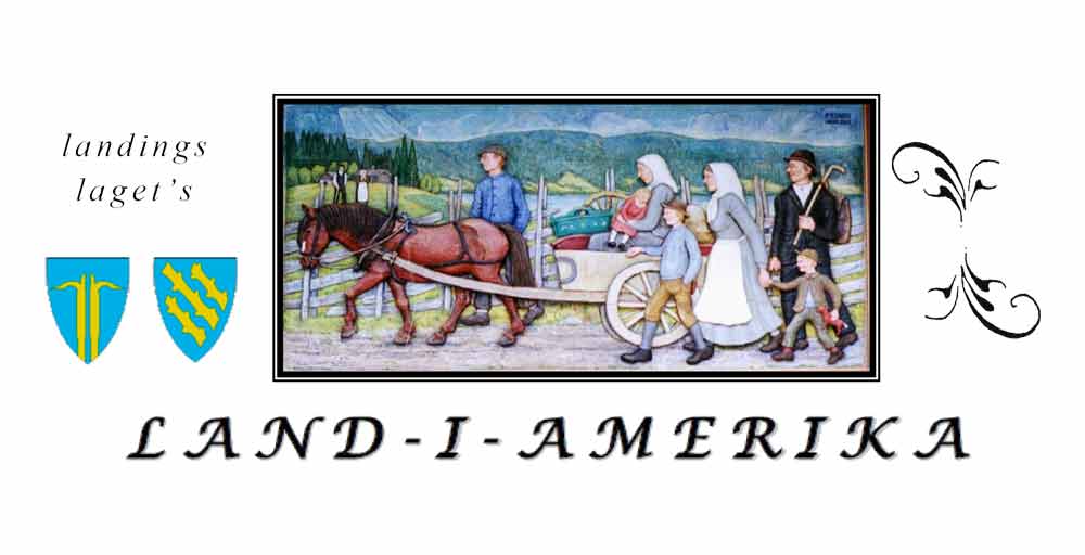 Image of the Landings Laget's newsletter. The words Landings Laget's Land-I-Amerika are on it along with images of the Nordre and Søndre Land shields and Per Einbu's Emigrant Memorial. There's also a swashy graphic on the right.