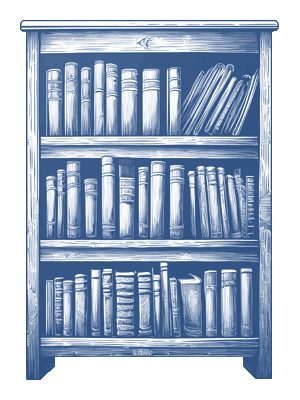 Bluish (theme) colored wood book shelf (3 shelves) loaded with books
