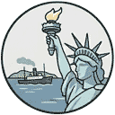Cartoon image of arriving in America by the Statue of Liberty