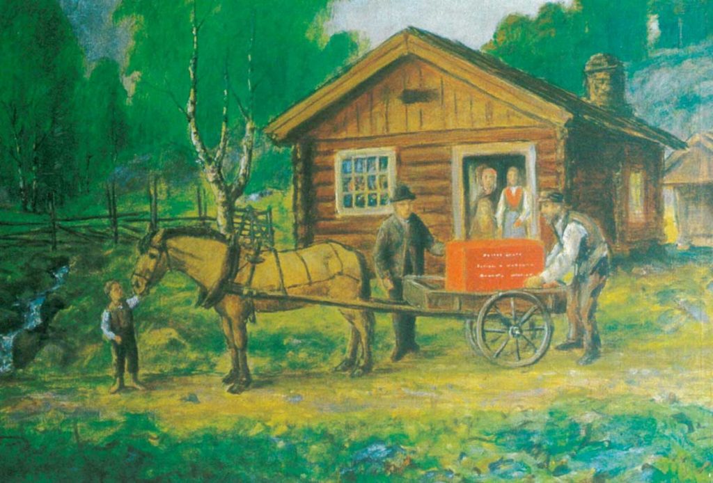 Painting by Kristian Skolmen shows Lars Martin Pedersen's departure from Skolmbakken in 1869 with a Husmannsplass (Cottage) in the background.