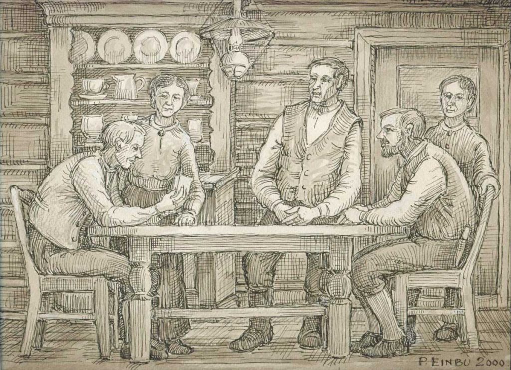 Per Einbu 2000 drawing of five people in a 1800s house setting gathered around a table where one man is reading a letter to the other four.