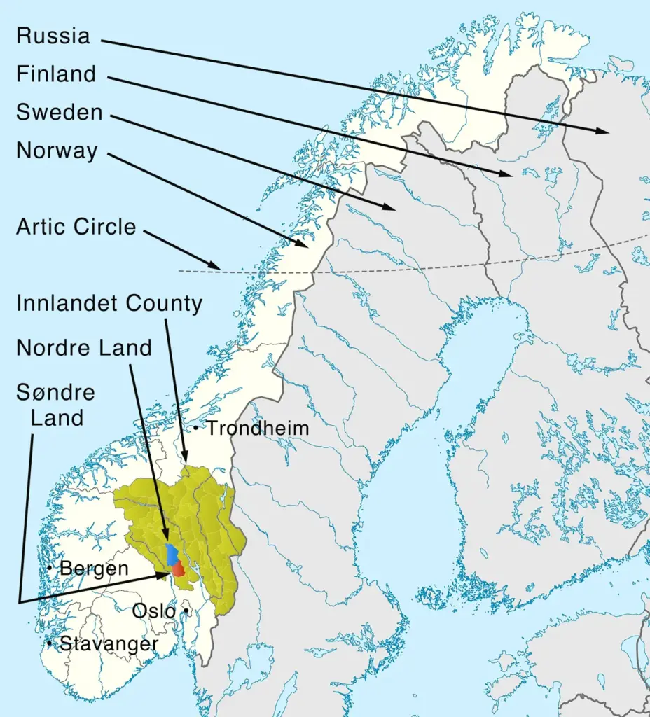 A map showing Norway, the countries next to Norway, where Innlandet County, and where Nordre and Sondre Land are all relative to each other